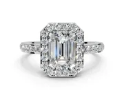 Halo Engagement Ring Setting for Emerald Cut Center with Heart-Shaped Openwork, Pave Band and Prong Head in White Gold