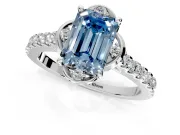 Floral Engagement Ring Setting for Fancy Blue Emerald Cut Center with Pave Band and Floral Prong Head in White Gold
