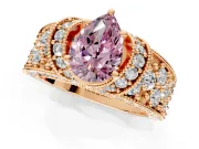 Pave Engagement Ring Setting for Fancy Pink Pear-Shaped Center with Curved Accent Rows, Openwork and Prong Head in Rose Gold