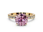 Solitaire Engagement Ring Setting for Fancy Pink Round Cut Center with Fine Pave Band and Claw Prong Head in Yellow Gold
