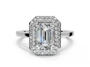 Halo Engagement Ring Setting for Emerald Cut Center with Plain Tapered Band and Prong Head in Sterling Silver