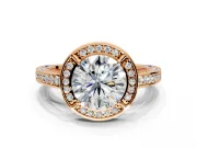 Halo Engagement Ring Setting for Round Cut Center with Framed Halo, Pave Band and Prong Head in Rose Gold