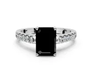 Solitaire Engagement Ring Setting for Fancy Black Emerald Cut Center with Partway Pave Band and Prong Head in Sterling Silver