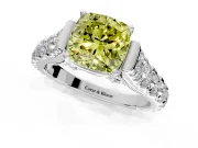 Solitaire Engagement Ring Setting for Fancy Yellow Cushion Cut Center with Pave Cathedral Shoulders and Prong Head in Platinum