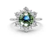 Small-Accent Cluster Halo Engagement Ring Setting for Fancy Green Round Cut Center with Plain Band and Prong Head in Sterling Silver