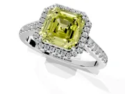 Halo Engagement Ring Setting for Fancy Yellow Asscher Cut Center with Narrowing Pave Band and Prong Head in Platinum
