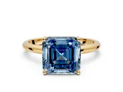 Hidden Halo Engagement Ring Setting for Fancy Blue Asscher Cut Center with Thin Round-Wire Band and Prong Head in Yellow Gold