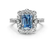 Milgrain Halo Engagement Ring Setting for Fancy Blue Emerald Cut Center with Bezel Point Accents and Prong Head in Platinum
