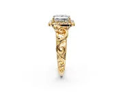 Halo Engagement Ring Setting for Princess Cut Center with Open Scroll Shoulders and Prong Head in Yellow Gold