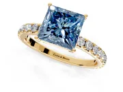 Solitaire Engagement Ring Setting for Fancy Blue Princess Cut Center with Large Accent Band and Prong Head in Yellow Gold