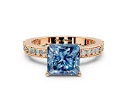 Solitaire Engagement Ring Setting for Fancy Blue Princess Cut Center with Milgrain-Edged Pave Band and Prong Head in Rose Gold