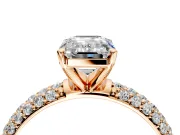 Solitaire Engagement Ring Setting for Emerald Cut Center with Domed Multi-Row Pave Band and Prong Head in Rose Gold