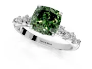 Cluster Engagement Ring Setting for Fancy Green Cushion Cut Center with Round Cut Accent Band and Prong Head in White Gold