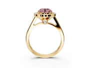 Halo Engagement Ring Setting for Fancy Pink Round Cut Center with Outer Bezel Rim, Pave Band and Prong Head in Yellow Gold
