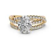Solitaire Engagement Ring Setting for Oval Center with Woven 3-Strand Pave Band and Prong Head in Yellow Gold