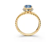 Halo Engagement Ring Setting for Fancy Blue Cushion Cut Center with Rope Twist Split Shank and Prong Head in Yellow Gold