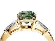 3 Stone Engagement Ring Setting for Fancy Green Cushion Cut Center with Baguette Accents and Prong Head in Yellow Gold