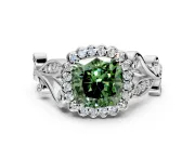 Halo Engagement Ring Setting for Fancy Green Cushion Cut Center with Leaf Motif Split Shank and Prong Head in Sterling Silver