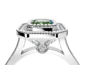 Halo Engagement Ring Setting for Fancy Green Emerald Cut Center with Milgrain Frame, Pave Band and Prong Head in Sterling Silver