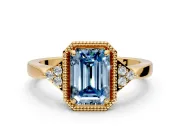 Cluster Engagement Ring Setting for Fancy Blue Emerald Cut Center with Milgrain Shoulder Clusters and Prong Head in Yellow Gold