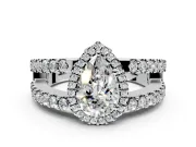 Halo Engagement Ring Setting for Pear-Shaped Center with Wide-Open Pave Split Shank and Prong Head in Sterling Silver