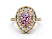 Halo Engagement Ring Setting for Fancy Pink Pear-Shaped Center with Milgrain Frame, Pave Band and Prong Head in Yellow Gold