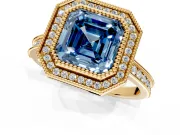 Halo Engagement Ring Setting for Fancy Blue Asscher Cut Center with Milgrain Pave Band and Bezel Head in Yellow Gold