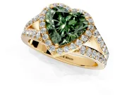 Halo Engagement Ring Setting for Fancy Green Heart-Shaped Center with Narrow Pave Split Shank and Prong Head in Yellow Gold