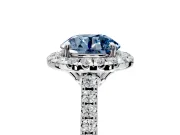Halo Engagement Ring Setting for Fancy Blue Round Cut Center with Raised Halo, Pave Band and Prong Head in Platinum