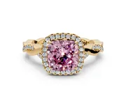 Halo Engagement Ring Setting for Fancy Pink Cushion Cut Center with Twist Band and Prong Head in Yellow Gold
