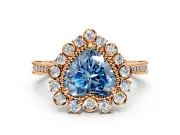 Milgrain Halo Engagement Ring Setting for Fancy Blue Heart-Shaped Center with Bezel Point Accents and Prong Head in Rose Gold