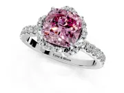 Halo Engagement Ring Setting for Fancy Pink Cushion Cut Center with Openwork Halo, Pave Band and Prong Head in Sterling Silver