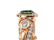 Milgrain Halo Engagement Ring Setting for Fancy Green Asscher Cut Center with Shoulder Bezels and Prong Head in Rose Gold