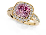 Bezel-Framed Halo Engagement Ring Setting for Fancy Pink Cushion Cut Center with Pave Band and Prong Head in Yellow Gold