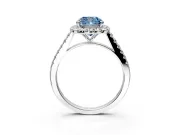 Halo Engagement Ring Setting for Fancy Blue Cushion Cut Center with Narrowing Pave Band and Prong Head in Platinum