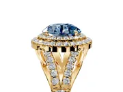 Double Halo Engagement Ring Setting for Fancy Blue Round Cut Center with Narrow Pave Split Shank and Prong Head in Yellow Gold