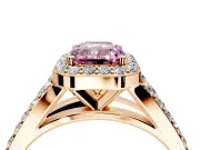 Halo Engagement Ring Setting for Fancy Pink Emerald Cut Center with Narrow Pave Split Shank and Prong Head in Rose Gold
