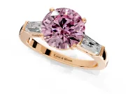 3 Stone Engagement Ring Setting for Fancy Pink Round Cut Center with Tapered Baguettes, Plain Band and Prong Head in Rose Gold