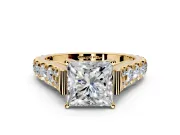Solitaire Engagement Ring Setting for Princess Cut Center with Pave Cathedral Shoulders and Prong Head in Yellow Gold