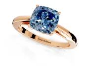 Solitaire Engagement Ring Setting for Fancy Blue Cushion Cut Center with Open Cathedral Shoulders and Prong Head in Rose Gold