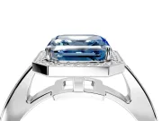 Bezel-Framed Halo Engagement Ring Setting for Fancy Blue Asscher Cut Center with Pave Band and Prong Head in Platinum