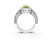 Milgrain Halo Engagement Ring Setting for Fancy Yellow Emerald Cut Center with Pave Band and Prong Head in White Gold