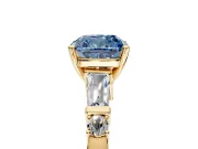 Bar-Set Engagement Ring Setting for Fancy Blue Cushion Cut Center with Tapered Baguette Accents and Prong Head in Yellow Gold