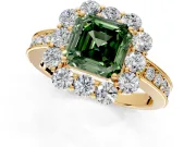 Halo Engagement Ring Setting for Fancy Green Asscher Cut Center with Milgrain Channel Band and Prong Head in Yellow Gold
