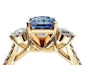 3 Stone Engagement Ring Setting for Fancy Blue Radiant Cut Center with Crossover Basket, Pave Band and Prong Head in Yellow Gold