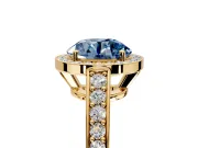 Bezel-Framed Halo Engagement Ring Setting for Fancy Blue Round Cut Center with Pave Band and Prong Head in Yellow Gold