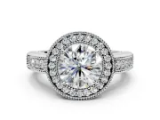 Milgrain Halo Engagement Ring Setting for Round Cut Center with Pave Band and Prong Head in Platinum