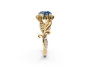 Halo Engagement Ring Setting for Fancy Blue Round Cut Center with Leaf Motif Split Shank and Prong Head in Yellow Gold