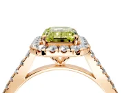Halo Engagement Ring Setting for Fancy Yellow Emerald Cut Center with Narrowing Pave Band and Prong Head in Rose Gold