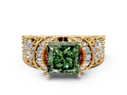 Pave Engagement Ring Setting for Fancy Green Princess Cut Center with Curved Accent Rows, Openwork and Prong Head in Yellow Gold